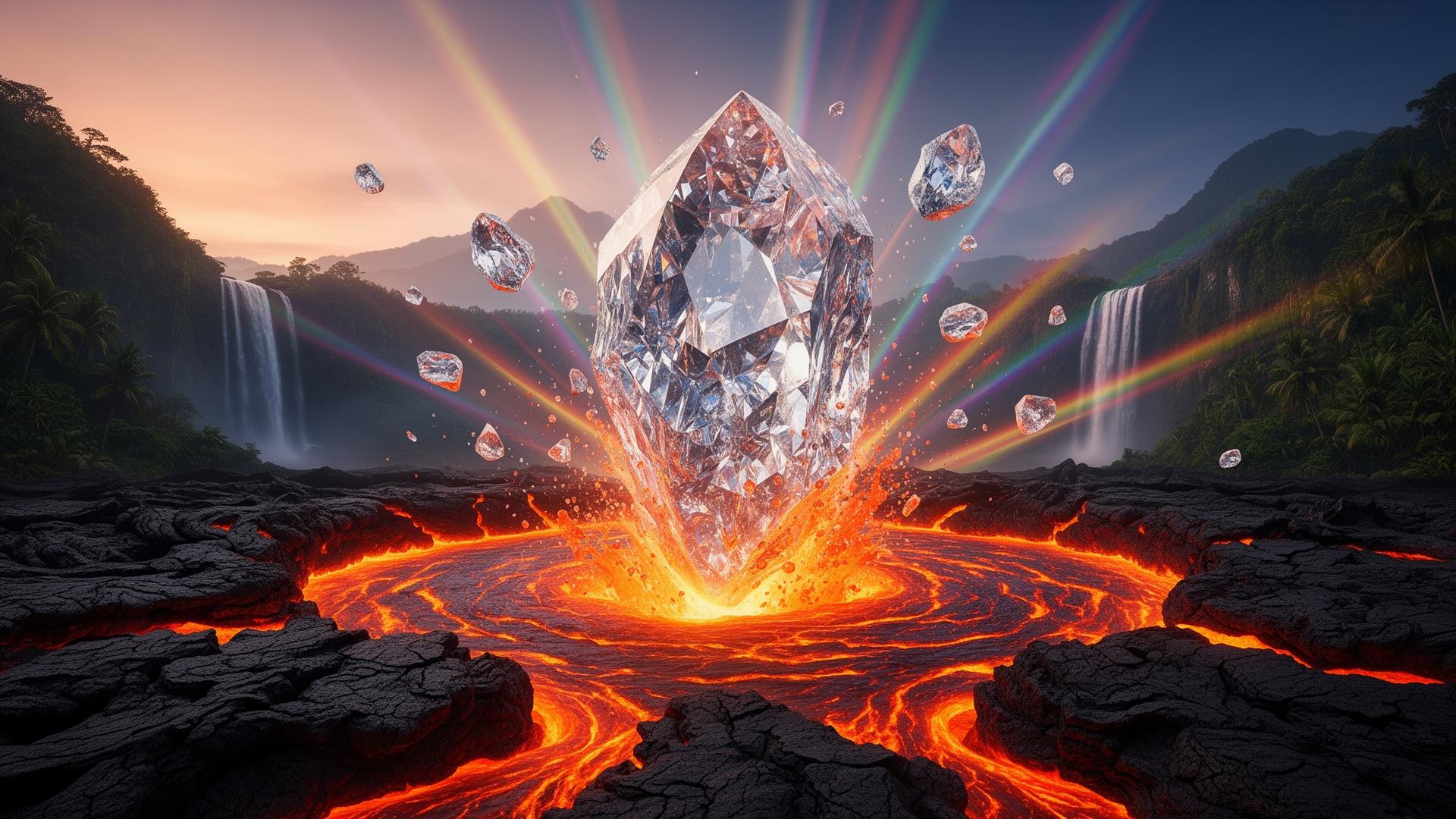 In the Rough — colossal raw diamond rising from volcanic lava